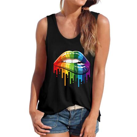 Pride Day Dam Rainbow Lip Rund Neck Ärmlösa T-shirts Väst Linne Black 2XL