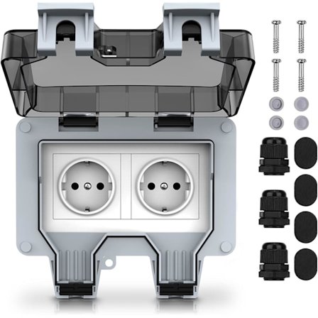 Utvendig stikkontakt, elektrisk, vanntett, dobbel stikkontakt, beskyttelsesklasse IP66, for hage og garasje og terrasse