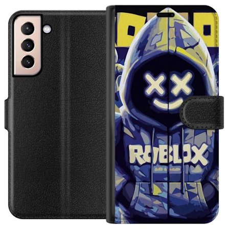 Kompatibelt Lommeboketui til Samsung Samsung Galaxy S21 Blågul Roblox hettegenserfigur med minimalistisk neonstil og masket ansikt, moderne spillillu