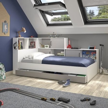 GAMI Erwan Lasten sänky säilytystilalla - Valkoinen ja harmaa sisustus - 90 x 200 cm