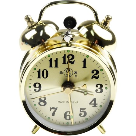 Vækkeur med dobbelte klokker, højt vækkeur, manuelt optræk, vintage metalur