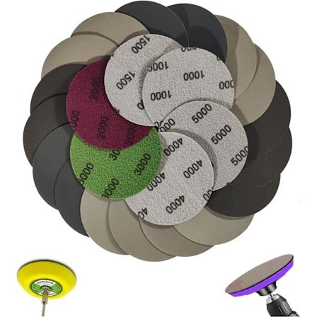 Innovatiivinen vesihiomapaperi, tarrakiinnitteinen taustalevy, märkä- ja kuivakäyttö sähkötyökaluissa auton, puun ja metallin kiillotukseen (75 mm), 