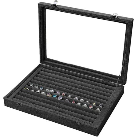 Fløyelsring Oppbevaringsboks - Smykkeholder med Klart Glasslokk Rommer Opptil Visningsboksbrett - Ringer, Øredobber, Anheng og Mansjettknapper, Svart