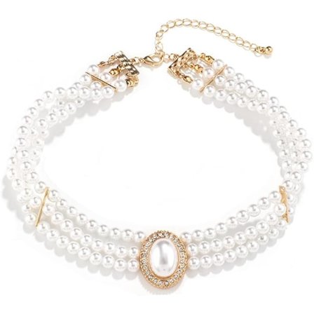 Bryllupssett perlekjede 3 rader simulerte perler rodiumbelagt