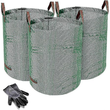Stærke Haveaffaldsposer - 272 Liter - 3 Sække - Bonus 1 Par Havehandsker - Industrielt Stof Og Håndtag - Grøn/haveaffaldsposer, Genanvendelige