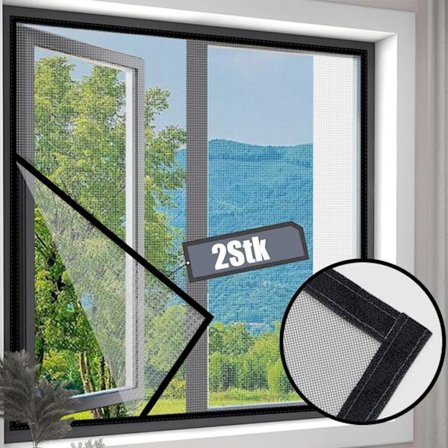 2 stk flueskjerm for vinduer, insektbeskyttelse myggbeskyttelse fluenett vindu, ingen boring, selvklebende, svart, 150x180cm