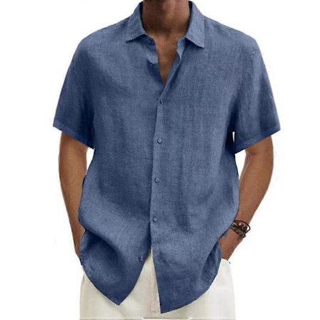 Sommar Skjorta med Krage och Knappar i Bomull och Linne, Enfärgad Herrtopp