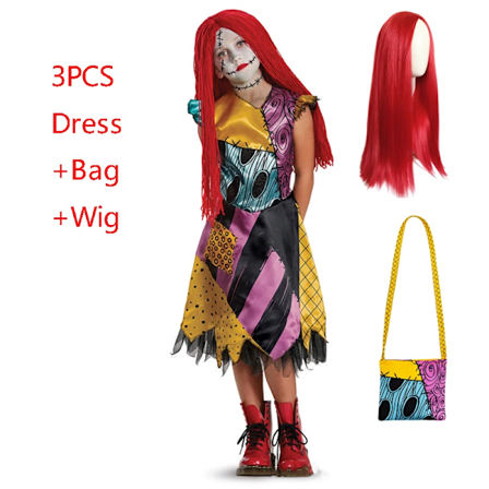 Nightmare Before Christmas Horror Sally Cosplay-dräkt Baby Girls Halloween Maskeradfest Jack Skellington Klänning för barn Sally Sets 04
