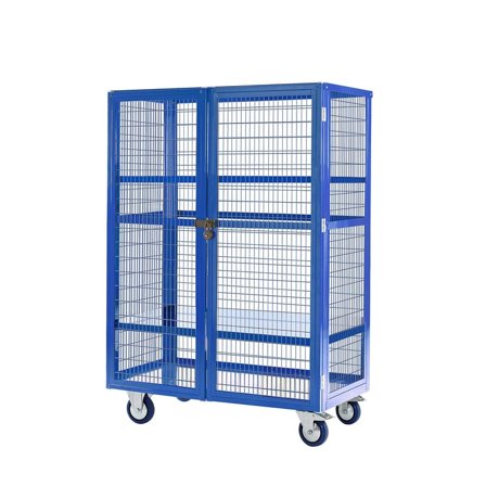 Mobile storage cage, steel shelves, 1655x900x600 mm, blue