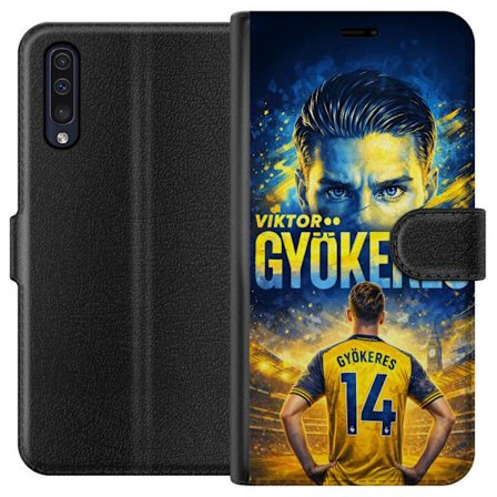 Kompatibelt Lommeboketui til Samsung Samsung Galaxy A50 Viktor Gyökeres fotballplakat i gult og blått med dramatisk stadionbakgrunn, sportillustrasj