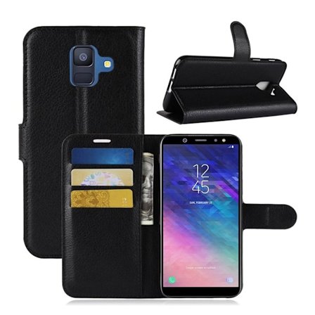 Samsung Galaxy A6 beskyttelses deksel av syntetisk skinn med litchi tekstur - svart