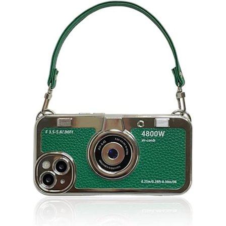 2025 Siste Modell 3D Retro Kamera Telefondeksel med Stropp - Unik Kul Silikon PC Støtsikker Crossbody Veske for iPhone 16 Pro - Grønn