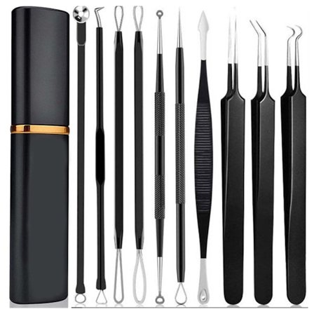 10 stk Finnpinner Karbonstål Bærbare Svartehode-Fjerner Multifunksjonell Ansikts skjønnhetsekstraktor med Aluminiumveske Svart