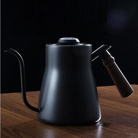 Kaffehåndkanne i rustfritt stål med trehåndtak, lang tut