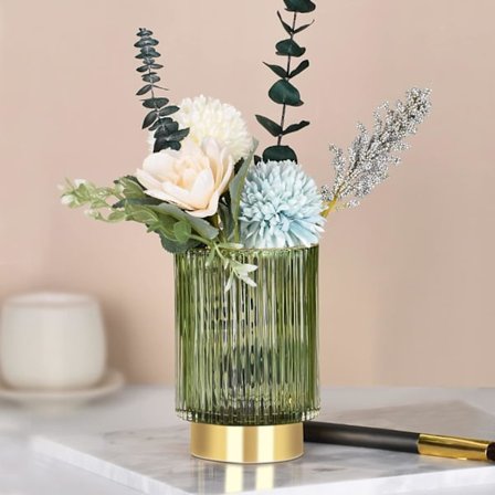 Glass Vase, Gullfarget Metallbase, Blomster Vase Dekorativ for Hjem