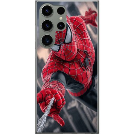 Kompatibelt Mobildeksel til Samsung Samsung Galaxy S23 Ultra Dynamisk Spider-Man illustrasjon i actionperspektiv, superhelt tema med bevegelsesenergi