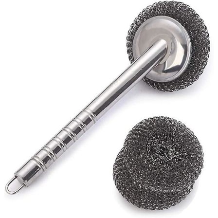 BBQ-borste för resor - Borstlös rostfritt stål med stålulls-skrubbar för porslin/gas/kolgrill