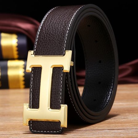 Ny business casual herrebelte i ekte skinn PU, H-formet flatt spenne med lychee-tekstur