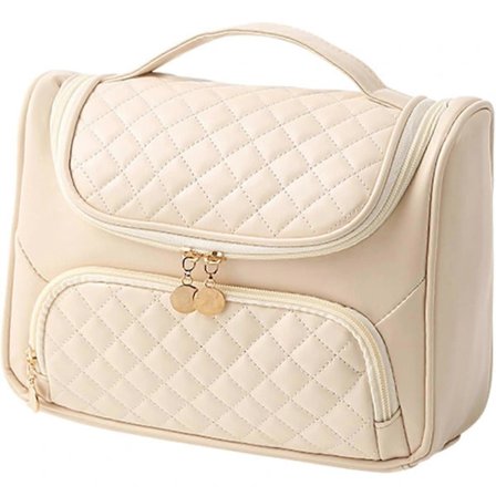 Toilet taske Makeup Taske Stor Kapacitet Bærbare Kosmetiktasker PU Læder Makeup Organizer Taske med Håndtag til Kvinder Makeup Opbevaring Beige