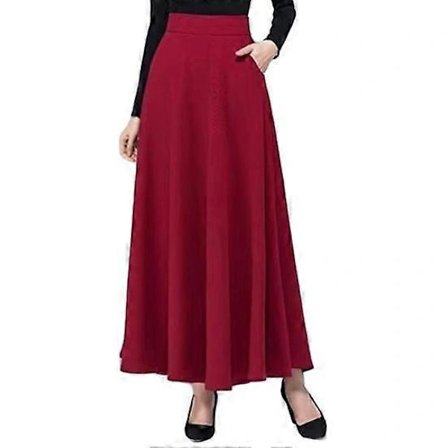 Maxikjol Hög Midja A-Linje Lång Kjol med Fickor Andningsbar Slimmande Stor Fåll Design Kontorsdam Kjol röd 2XL[CO]