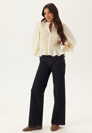 Bubbleroom - V-neck Cotton Smock Blouse - Butter Yellow - Kläder