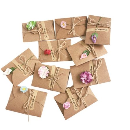10 stk. gratulasjonskort, retro håndlaget kraft, tomme konvolutter, tørket blomst