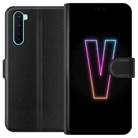 Kompatibelt Plånboksfodral till OnePlus OnePlus Nord Neonbokstav V i färggraderat ljus mot svart bakgrund, minimalistisk design med tydlig glow och