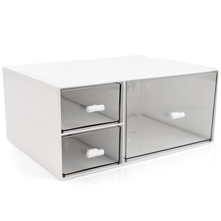 3-lags stabelbar skrivebordsorganisator, hvide plastikskuffer med flere rum til kontorartikler, makeup og badeværelsesorganisering