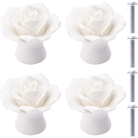 4 stk. Keramiske Knapper (Hvid) Roseblomst Keramiske Skuffe Knapper R