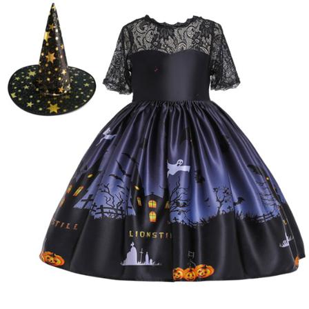 1st Halloween Witch Costume Outfit Cosplay Klänning Set Black 140cm
