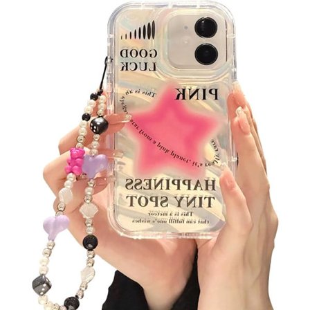 IC-etui for iPhone 13 Pro Max med telefonberlock/kjede, glitrende rosa stjernemønster Klar søt telefonveske med perle
