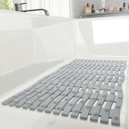 Hopfällbar halkfri badrumsmatta, halkfri badkarsmatta, säker mjuk duschmatta med kraftfulla sugkoppar och dräneringshål, 16 x 27 tum (grå)