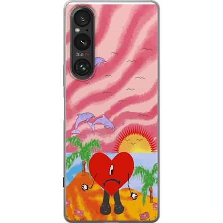 Yhteensopiva Puhelinkuori Sony Xperia 1 VI Bad Bunny värikkäässä tikatussa takissa sydänkuvioilla ja aurinkolaseilla modernissa katutyylissä