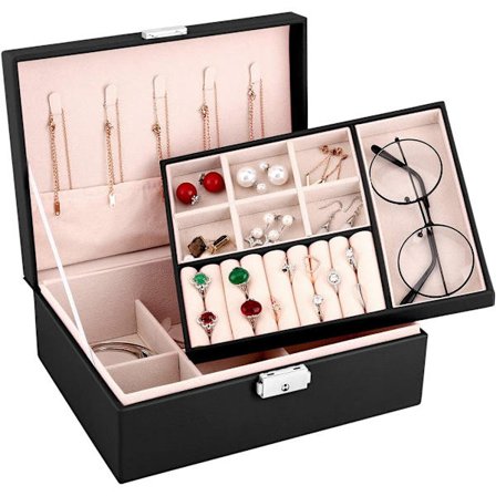 Korurasia, 2-kerroksinen lukittava korurasia, pehmeä samettivuori, sormuskorvakorut pidike kaulakoru