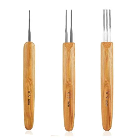 3 forskjellige heklekroker (1 krok, 2 kroker, 3 kroker), heklenåler for hår med bambushåndtak, 0,50 mm hårveving