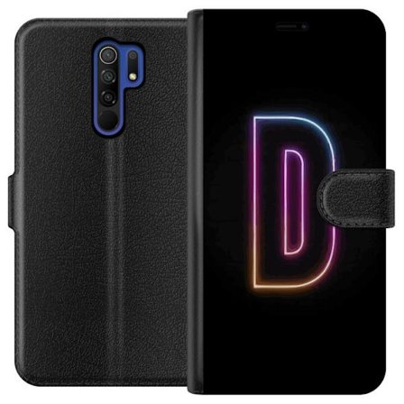 Kompatibel Tegnebogsetui til Xiaomi Xiaomi Redmi 9 Minimalistisk neonbogstav D i farveskiftende lys mod sort baggrund i moderne digital design