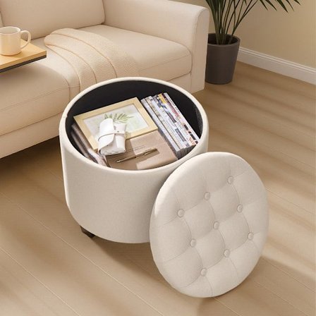 Rund puf 45 x 45 x 44,5 cm med opbevaring - Lys beige