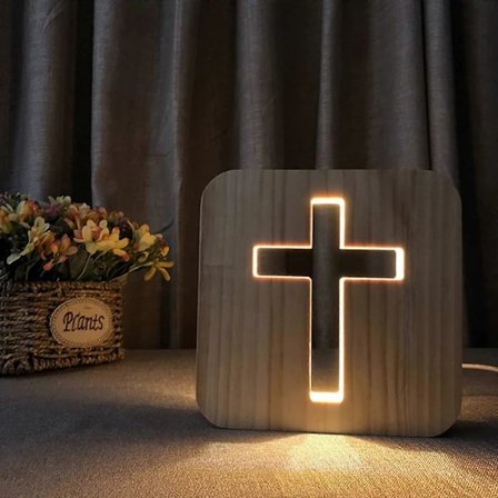 Korsformad Sänglampa i Trä, Jesus Kors 3D LED Optisk Nattlampa, Presenter till Kvinnliga Vänner