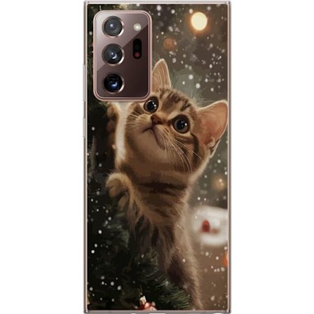 Yhteensopiva Puhelinkuori Samsung Galaxy Note20 Ultra Joulukissa joulukuusen valossa lumisateessa, täydellinen motiivi joulun ystäville ja kissan ystä