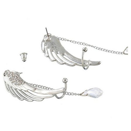 1 par Silver Angel Wing Crystal Örhängen Drop Dangle Örhänge Clip Cuff