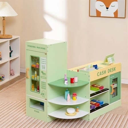 Puinen lelukauppa lapsille, jossa on hyllyt, kassatiski ja 13 leluelintarviketta - Vihreä