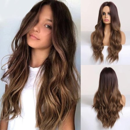 Lang brunt syntetisk bølgete parykk for kvinner, daglig hår for kvinner