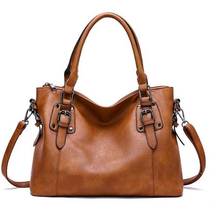 Skuldertaske i imiteret læder til kvinder, stor kapacitet, retro, blød brun med håndtag og rem