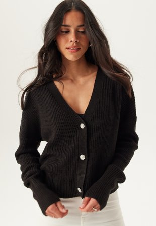 VERO MODA - Vmlealight Ls V-neck Jewel Cardigan - Black Detail:w. Jewelry Button - Kläder - - Bubbleroom