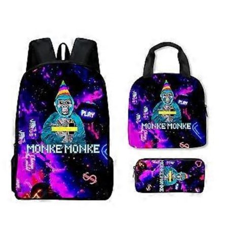 3 stk./sett Gorilla Tag Ryggsekk Skoleveske Skolesekk Lunsjveske Penal(B)