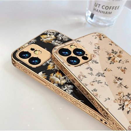 iPhone 12 Pro Max lyxigt glas-skal mönster guld barock fjäder blomma