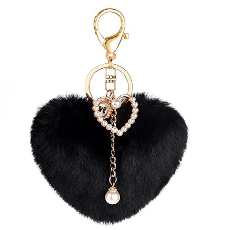 Sort Hjerte Plys Nøglering, Kunstig Pels Pom Pom Taskevedhæng, Sødt Tilbehør til Rygsæk Taske & Bilnøgler