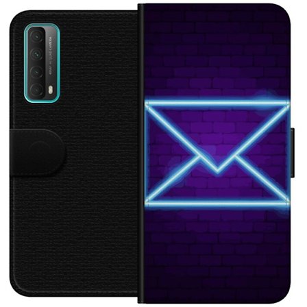 Yhteensopiva Lompakkokotelo Huawei Huawei P smart 2021 Neonilta illuustraatio kirjekuoresta sinisessä valossa lila tiiliseinää vasten, nykyaikainen