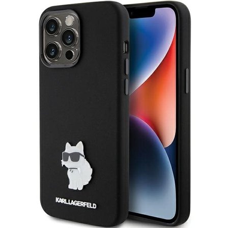Karl Lagerfeld Silikoni Choupette Metal Pin tapauksessa iPhone 15 Pro Max - musta