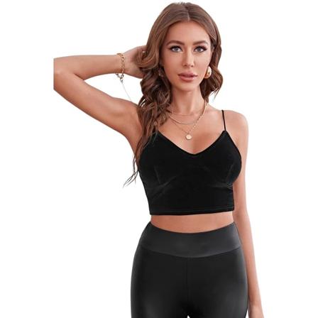 Kvinnors PU Läder V-hals Spaghetti Rem Cami Crop Top Black Velvet S